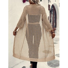 Verdusa Women's Hollow Out 3/4 Sleeve Open Front Knit Cardigan Long Kimono Apricot M