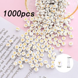 HERZWILD Round Beads for Threading 1000 Pieces Emoji Threading Beads Smiley Beads Craft Beads Colourful A-Z Smile Beads for Jewellery Crafts (47 Gold/White Beads)