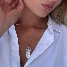 Silverly 925 Sterling Silver Extra Large Feather Necklace - Textured Leaf Design - Solid Silver Long Feather Pendant - Gift for Nature Lovers - Statement Boho Jewellery for Women