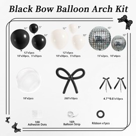 JOGAMS 175Pcs Black Bow Balloons Arch Kit with 260 Clear Disco Ball Balloons Black Ribbon Bow for Bow Coquette Birthday Baby Shower Decorations Bachelorette Bridal Shower Party
