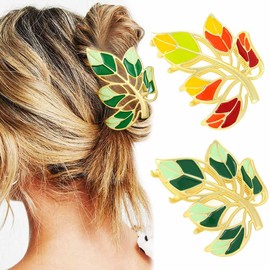CAKURE Leaf Hair Claw Clips Gold Vintage Hair Clips Medium Elegant Hair Claws Leaves Hair Accessories for Women (Pack of 2) (a-yellow&green)