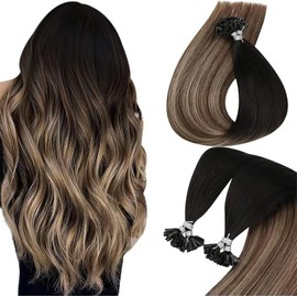 Sunny Hair U Tip Hair Extensions Human Hair Fusion Keratin Hair Extensions Real Hair for Women 50G/50S Natural Black to Dark Brown Balayage Ash Brown 24inch