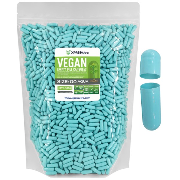 XPRS Nutra Size 00 Empty Capsules - 5000 Count Empty Vegan Capsules - Vegetarian Empty Pill Capsules- DIY Vegetable Capsule Filling- Veggie Pill Capsules Empty Caps (Aqua)