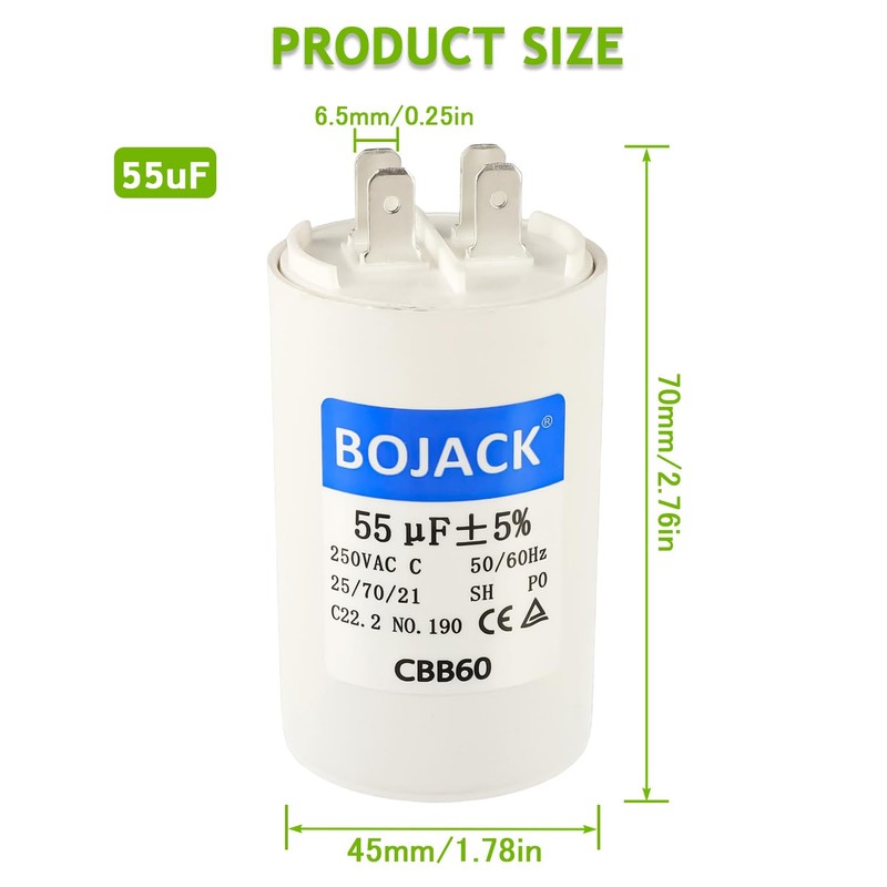BOJACK CBB60 55uF 250 Volt 50/60Hz AC Capacitor Round Run