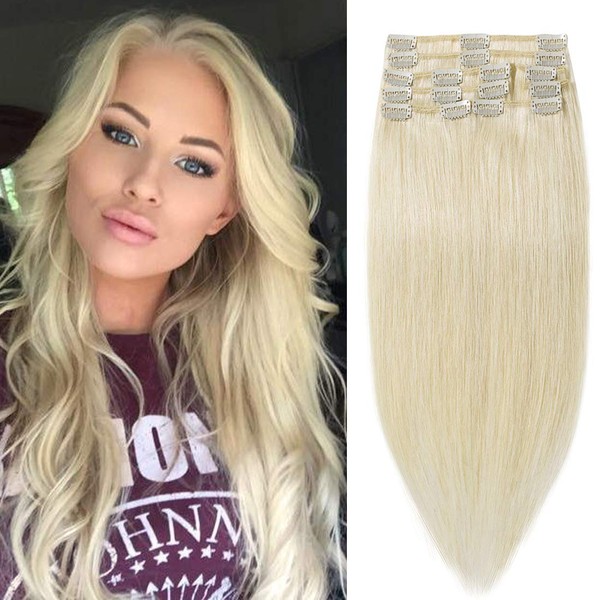 S-noilite Clip in Remy Human Hair Extensions Short Hair Extension Full Head 8 Pieces 18 Clips 100% Real Human Hair 8 Inch-65g (#60 Platinum Blonde)