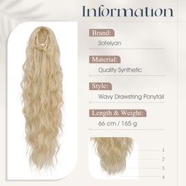 Sofeiyan Wavy Ponytail Hairpiece, 66 cm Long Ponytail Hairpiece with Drawstring Braid Ponytail Hair Extensions, Synthetic Hair Ponytail Extensions for Women, Light Gold & Bleach Blonde