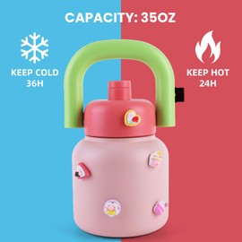 Botella de agua aislada de 34 onzas con popote y asa, botella de termo de acero inoxidable sin BPA para bebidas calientes y frías, frasco al aspiradora a prueba de fugas para hombres y mujeres, rosa y