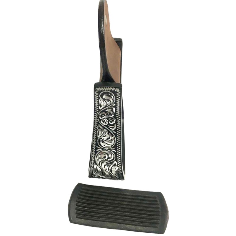 Majestic Ally Western Horse Aluminum Black Engraved Stirrups- Adults (Silver-Black)