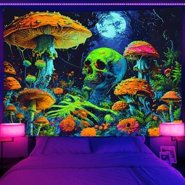 Xiaoput Blacklight Skull Tapestry, Black Light Skeleton Tapestry for Bedroom, UV Reactive Neon Gothic Tapestry for Men, Glow in Dark Trippy Forest Tapestry Wall Hanging for Home Decor,90X70IN