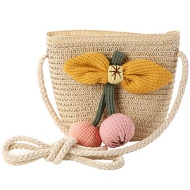 JAHEMU Girls' Bags Flowers Straw Bag with Zip Shoulder Bag Floral Woven Handbag Kids Mini Beach Bag for Holiday Travel Outdoor Activities