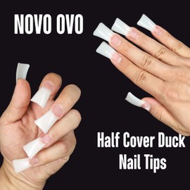 NOVO OVO 240pcs Duck Feet Nail Tips for Small and Medium Hand, Extra Short Full Cover Press On Acrylic, Clear Full Coverage Thick Flare French Soft Gel Fake False Nail Extension x 12 Sizes
