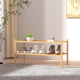 ROMGUAR CRAFT 2 Tier Bamboo Shoe Rack for Closet Free Standing Wood Shoe Shelf for Entryway Small Space Stackable 27"x11"x13" (Natural)