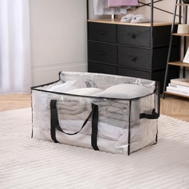 OHS Extra Large Storage Bag with Zip, Heavy-Duty Waterproof Organiser with Handles & Tag Pocket For Moving Clothes & Bedding Foldable Reusable Laundry Bag, Clear - 74x33x36cm
