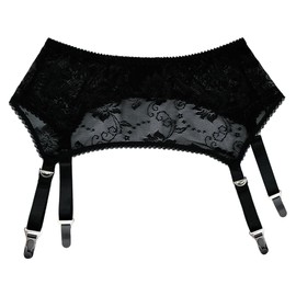 Luxallacki Women's Delicate Floral Lace Suspender Belt with 4 Adjustable Straps & Metal Clips (M,Black-Button Clip)