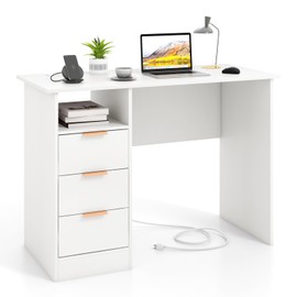 Giantex White Desk with Drawers, Modern Home Office Desk Writing Study Desk with Charging Station, PC Laptop Table with Storage, Computer Workstation Makeup Vanity Desk for Bedroom, Study