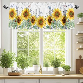Window Valance Rod Pocket Panel for Kitchen Bedroom Window Watercolor Yellow Sunflowers and Butterflies Valances Short Curtain Bathroom Treatment Drapes White