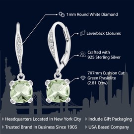 Gem Stone King 925 Sterling Silver 7MM Cushion Cut Gemstone Birthstone and White Diamond Drop Dangle Earrings For Women