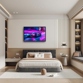 Flintis Large Racing Car Framed Wall Art Neon Race Supercar Pictures Wall Decor Abstract Colorful Car Canvas Painting Print Artworks Decor Framed for Living Room Bathroom Master Bedroom 36L X 24W