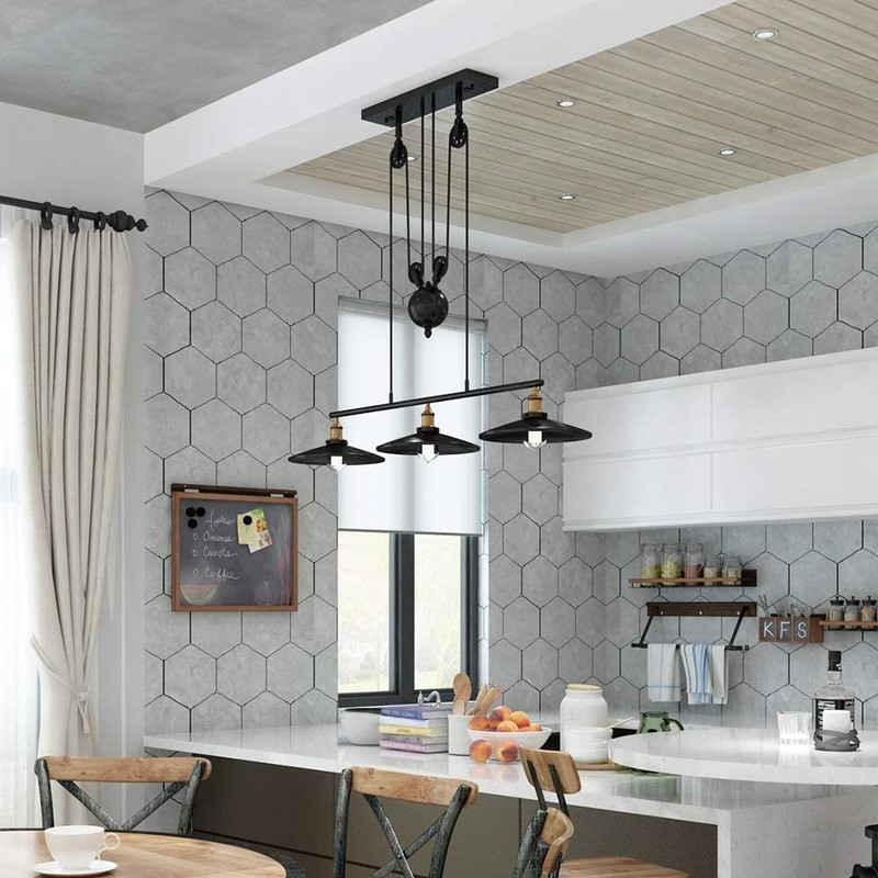 WINSOON 3 Light Industrial Pendant Light, Pulley Pool Table Light
