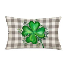 Smilyard St. Patrick's Day Lumbar Pillow Covers 12x20 Inch Grey Buffalo Plaid Check Green Clovers Lucky Shamrock Home Decor Throw Pillow Cases Leaves Spring Farmhouse Decoration Cushion Cover