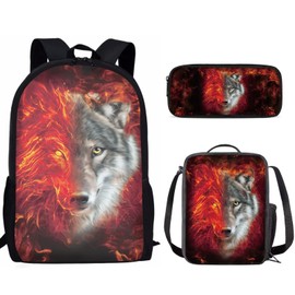 Renewold Backpack Set for Primary Middle School Student, Wolf Red Cool Print Book Bag, Backpacks with Thermal Lunch Bag Pencil Case Gift 3 Pieces Set Durable