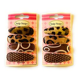 Mia Snip Snaps, Metal Hair Clips Hair Barrettes with Fashionable Fabric for Women, Teens, Girls, Gymnasts, Dancers - Furry Leopard, Safari Animal Leopard, Brown Swirl + Brown Polka Dots 2pks/8pcs
