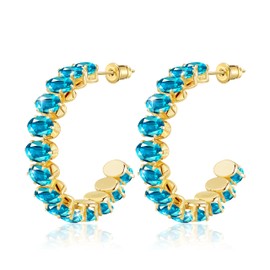 Linawe Aquamarine Blue Chunky Gold Hoop Earrings for Women Trendy, Sparkly Birthstone Cubic Zirconia Imitation Diamond Crystal Huggie Earrings, Hypoallergenic Thick Large Hoops