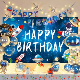 Ayearparty Outer Space Happy Birthday Photography Backdrop Banner for Kids Baby Boys Astronaut Rocket Solar System Themed Party Universe Planet Background for Birthday Decorations Photo Studio Props