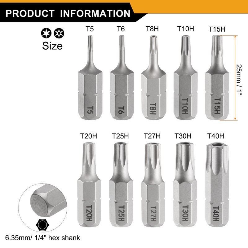 sourcing map 10pcs T5-T40H Torx Screwdriver Bit 1/4" Hex Shank