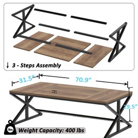IBF Rustic Large Computer Desk, Industrial Extra Long Home Office Desk, Wood Pc Writing Work Study Computer Table, Farmhouse Workstation Gaming Executive Desk for Two Person, Rustic Oak, 70 Inch