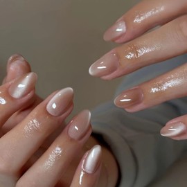 KQueenest Cat Eye Press on Nails Short Oval, 30 Pcs Nude Fake Nails Short Round, Glitter Glass Glue on Nails Almond, Reusable Shiny Chrome False Nails for Women Summer Decoration