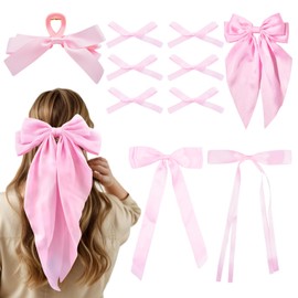 10PCS Silk Satin Hair Bows Clips - Long Pink Ribbon Barrettes for Women Girls Teens,Cute Aesthetic Hair Accessories Variety Pack,Large No-Slip Grip Bowknot Hair Clips for Gift