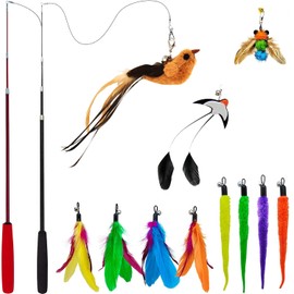 miwoowim Interactive Cat Wand Toy Set – 2 Retractable Wands (37" & 49") with 11 Refills Attachments – Feather Toys, Plush Bird, Worms, Insect & Swallow – Cat Teaser Toys for Indoor Cats & Kittens