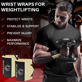 TECEUM Weightlifting Wrist Wraps with Thumb Loop – Beige – Beast Mode – 12 inch – Heavy-Duty Workout Wrist Support & Protection – Ideal for Powerlifting, Strength Training, Bodybuilding