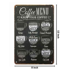 AOYEGO Coffee Menu Tin Sign, Kinds of Coffee List On Black Background Vintage Metal Signs for Cafes Bars Pubs Shop Wall Decorative Funny Retro Signs 8x12 Inch