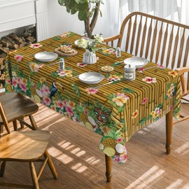 Horaldaily Summer Tablecloth 60×104 Inch Rectangular, Tropical Posies Parrot Bamboo Washable Seasonal Table Cover for Party Picnic Dinner Decor