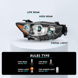 TUSDAR Headlight Assembly Replacement Fits 2013 2014 2015 2016 Mazda CX-5 Factory Halogen Projector Factory Headlamp W/Bulbs RH Passenger Side