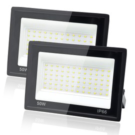 Tkdaksy Pack of 2 Outdoor LED Spotlights, 50 W, 1 m Cable, 6500 K, Cool White, 5000 LM LED Spotlight, Outdoor Spotlight, IP66 Waterproof, for Gardens, Patios, Yards, Balconies, Parks, Garages