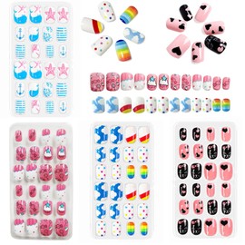 96 Pieces Kids Fake Nails with Nail Glue, Pre-glue Full Cover Short False Nails Lovely, Ready to Wear Press-On Gel Nails for Children girl (A)
