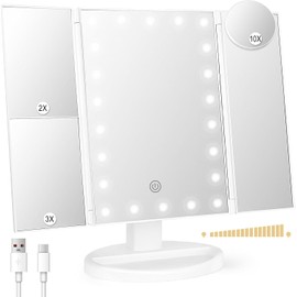 Espejo de Maquillaje Triptico con 2X 3X 10X Aumentos, Espejo con 21 LED Luz