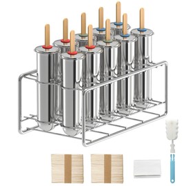 TOCCOOL 12 Pack Stainless Steel Popsicle Molds, Homemade Ice Lolly Molds with Holder, Reusable Fast Freezing Ice Treat Maker with Wooden Sticks and Bags (Round)