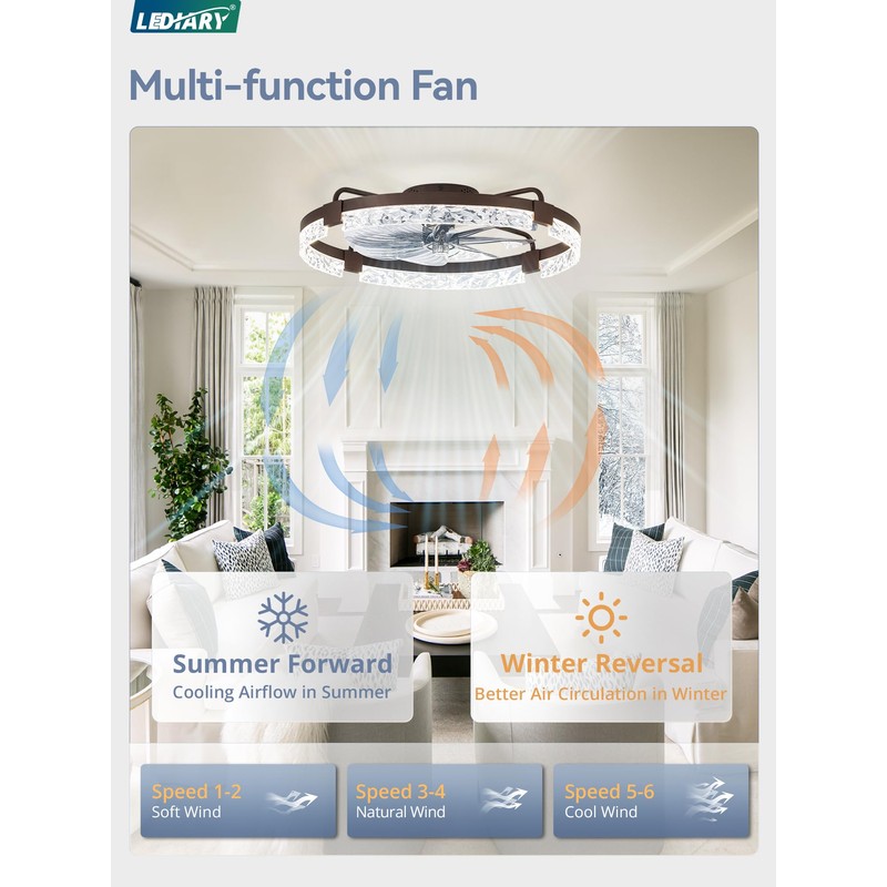 LEDIARY 24 Inch Low Profile Ceiling Fans with Lights and