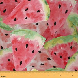 Feelyou Watermelon Outdoor Fabric by The Yard, Watercolor Summer Fruit Theme Upholstery Fabric for Chairs, Cartoon Sweet Juicy Pieces Watermelon Seeds Decorative Fabric for Home DIY Projects, 1 Yard