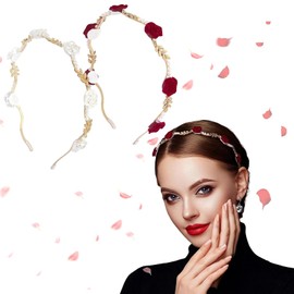 Pack of 2 Women's Headband with Rose Beads, Headband Made of Red and White Rose Beads, Metal Rose Hair Accessories, Perfect for Any Outfit, Wedding Bridal Headpiece, Elegant Girls