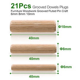 5Plus 21 Pcs Assorted Wooden Dowels – M6, M8, M10 Hard Wood Grooved Fluted Pins for Furniture, Woodworking, and Craft Projects (6mm, 8mm, 10mm)