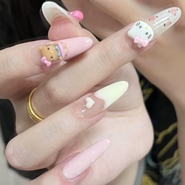 30 PCS Press on Nails Kitty Cat Fake Nails Love Fake Nails Bow Fake Nails Long Fake Nails Gifts for Women and Girls (No.79)