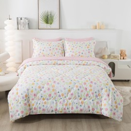 Wajade Floral Comforter Set Bed in A Bag Queen Size 7 Piece Botanical Flower Green Leaves Rabbits Bedding Set for Girls (1 Comforter, 1 Flat Sheet, 1 Fitted Sheet, 2 Pillowcase and 2 Pillow Sham)