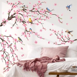 FUFUQUARE Pink Cherry Blossom Tree Wall Stickers Spring Birds on Flower Branch Wall Art Decal Peel and Stick for Living Room Bedroom Nursery Decor