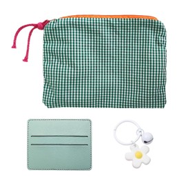 1 x checked cosmetic bag, 1 x pendant, 1 x card holder, travel bag, small cosmetic bag, handbag, small cosmetic bag, Green, Modern