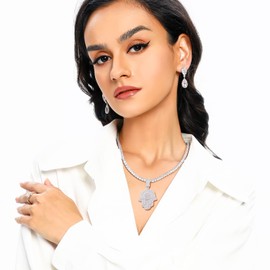 MDFUN 18K White Gold Plated Hamsa Hand Pendant Tennis Necklace Set，Shimmering CZ Hip Hop Iced out Charm Amulet and 4 prong Cubic Zirconia Chain for Women Men Jewelry Gifts